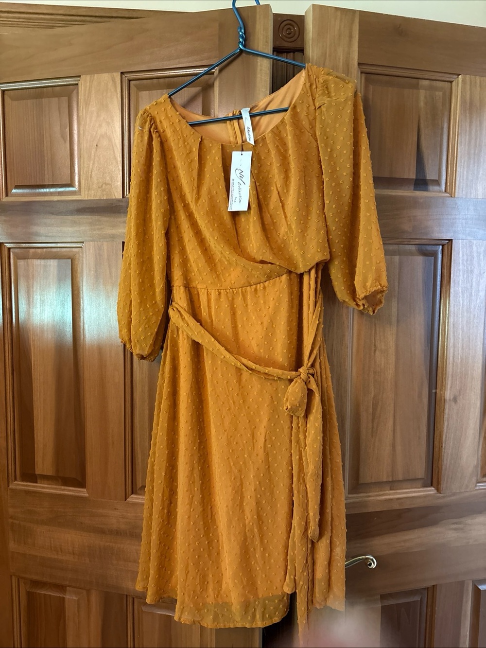 NY Collection Mustard Dot Wrap Midi Dress with Tie Waist